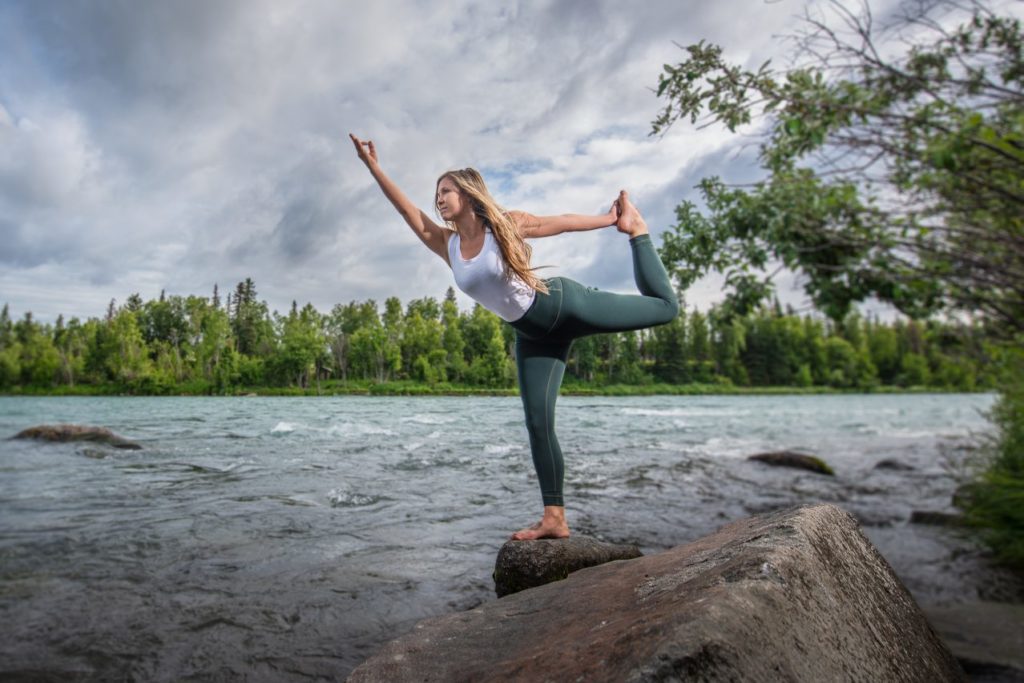 woman doing yoga on Kenai River